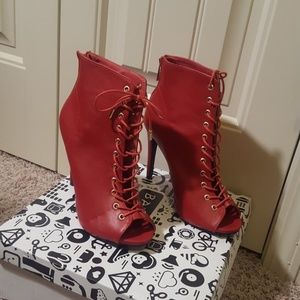 Red peep toe bootie heels
